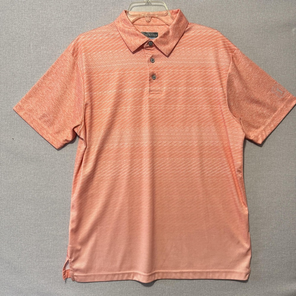 PGA TOUR Polo‎ Shirt Mens Medium Orange Heather Striped Golf Performance Top